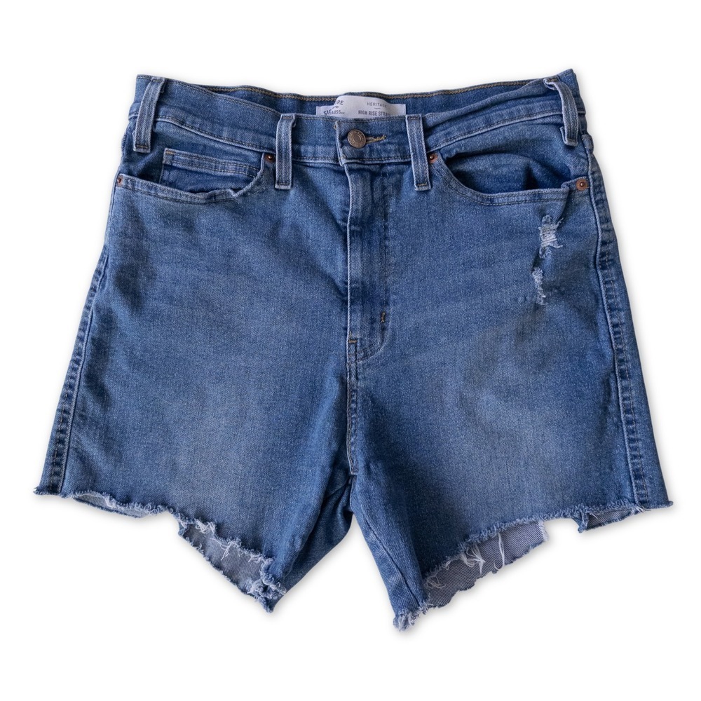 Levi Strauss Signature Womens High Rise Denim Jean Shorts Blue Distressed Frayed
